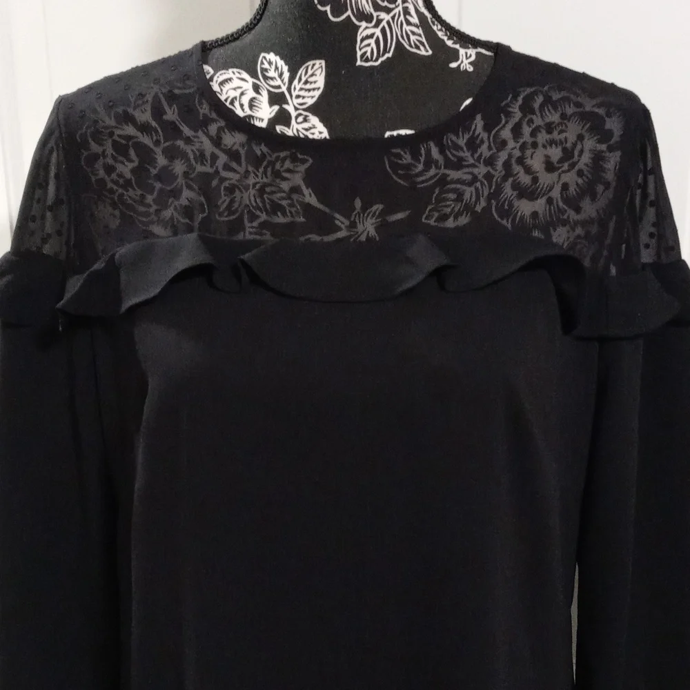 🆕️ 🖤LOFT🖤 - Black L/S Dress w/Sheer Polka Dot Ruffle Detail - Picture 9 of 16